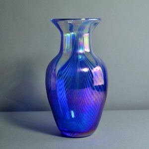 1993 Larson Blue w/ Light Iridescence Glass Vase Swirl Pattern